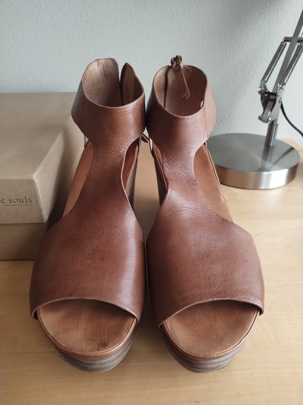 gentle souls Brown Leather T-Strap Platform Wedges